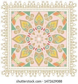 Decorative colorful ornament on white background, symmetric pattern with doodle lace frame. Tribal ethnic mandala decor. Bandana shawl, tablecloth fabric print, silk neck scarf, kerchief design