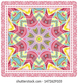 Decorative colorful ornament on white background, symmetric pattern with doodle lace frame. Tribal ethnic mandala decor. Bandana shawl, tablecloth fabric print, silk neck scarf, kerchief design