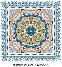 Decorative colorful ornament on white background, symmetric pattern with doodle lace frame. Tribal ethnic mandala decor. Bandana shawl, tablecloth fabric print, silk neck scarf, kerchief design