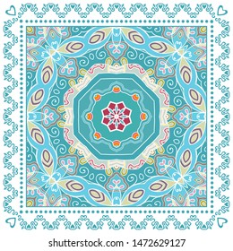 Decorative colorful ornament on white background, symmetric pattern with doodle lace frame. Tribal ethnic mandala decor. Bandana shawl, tablecloth fabric print, silk neck scarf, kerchief design