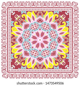 Decorative colorful ornament on white background, symmetric pattern with doodle lace frame. Tribal ethnic mandala decor. Bandana shawl, tablecloth fabric print, silk neck scarf, kerchief design