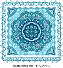 Decorative colorful ornament on white background, symmetric pattern with doodle lace frame. Tribal ethnic mandala decor. Bandana shawl, tablecloth fabric print, silk neck scarf, kerchief design