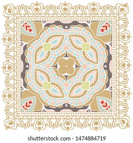 Decorative colorful ornament on white background, symmetric pattern with doodle lace frame. Tribal ethnic mandala decor. Bandana shawl, tablecloth fabric print, silk neck scarf, kerchief design