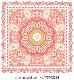 Decorative colorful ornament on white background, symmetric pattern with doodle lace frame. Tribal ethnic mandala decor. Bandana shawl, tablecloth fabric print, silk neck scarf, kerchief design