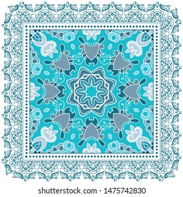 Decorative colorful ornament on white background, symmetric pattern with doodle lace frame. Tribal ethnic mandala decor. Bandana shawl, tablecloth fabric print, silk neck scarf, kerchief design