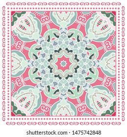 Decorative colorful ornament on white background, symmetric pattern with doodle lace frame. Tribal ethnic mandala decor. Bandana shawl, tablecloth fabric print, silk neck scarf, kerchief design