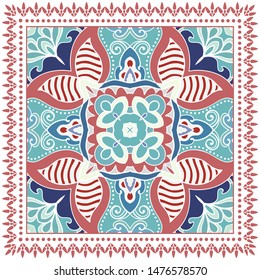 Decorative colorful ornament on white background, symmetric pattern with doodle lace frame. Tribal ethnic mandala decor. Bandana shawl, tablecloth fabric print, silk neck scarf, kerchief design