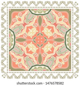 Decorative colorful ornament on white background, symmetric pattern with doodle lace frame. Tribal ethnic mandala decor. Bandana shawl, tablecloth fabric print, silk neck scarf, kerchief design