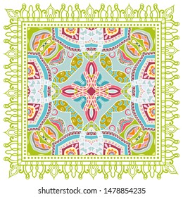 Decorative colorful ornament on white background, symmetric pattern with doodle lace frame. Tribal ethnic mandala decor. Bandana shawl, tablecloth fabric print, silk neck scarf, kerchief design