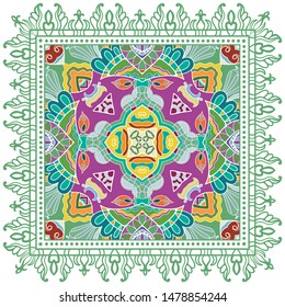 Decorative colorful ornament on white background, symmetric pattern with doodle lace frame. Tribal ethnic mandala decor. Bandana shawl, tablecloth fabric print, silk neck scarf, kerchief design