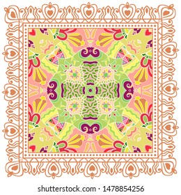 Decorative colorful ornament on white background, symmetric pattern with doodle lace frame. Tribal ethnic mandala decor. Bandana shawl, tablecloth fabric print, silk neck scarf, kerchief design