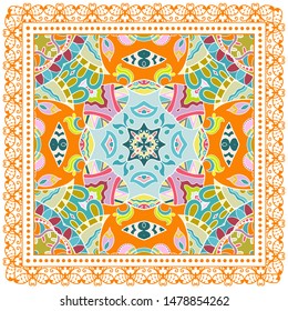 Decorative colorful ornament on white background, symmetric pattern with doodle lace frame. Tribal ethnic mandala decor. Bandana shawl, tablecloth fabric print, silk neck scarf, kerchief design