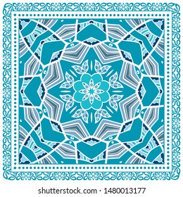 Decorative colorful ornament on white background, symmetric pattern with doodle lace frame. Tribal ethnic mandala decor. Bandana shawl, tablecloth fabric print, silk neck scarf, kerchief design