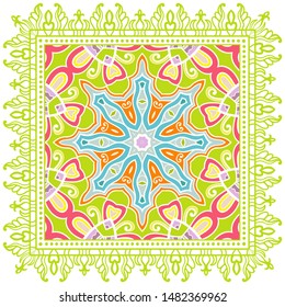 Decorative colorful ornament on white background, symmetric pattern with doodle lace frame. Tribal ethnic mandala decor. Bandana shawl, tablecloth fabric print, silk neck scarf, kerchief design