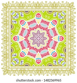 Decorative colorful ornament on white background, symmetric pattern with doodle lace frame. Tribal ethnic mandala decor. Bandana shawl, tablecloth fabric print, silk neck scarf, kerchief design