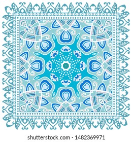Decorative colorful ornament on white background, symmetric pattern with doodle lace frame. Tribal ethnic mandala decor. Bandana shawl, tablecloth fabric print, silk neck scarf, kerchief design