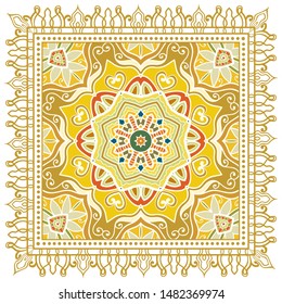 Decorative colorful ornament on white background, symmetric pattern with doodle lace frame. Tribal ethnic mandala decor. Bandana shawl, tablecloth fabric print, silk neck scarf, kerchief design