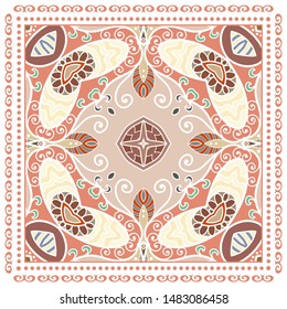 Decorative colorful ornament on white background, symmetric pattern with doodle lace frame. Tribal ethnic mandala decor. Bandana shawl, tablecloth fabric print, silk neck scarf, kerchief design