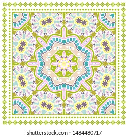 Decorative colorful ornament on white background, symmetric pattern with doodle lace frame. Tribal ethnic mandala decor. Bandana shawl, tablecloth fabric print, silk neck scarf, kerchief design