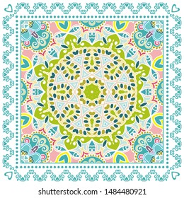 Decorative colorful ornament on white background, symmetric pattern with doodle lace frame. Tribal ethnic mandala decor. Bandana shawl, tablecloth fabric print, silk neck scarf, kerchief design