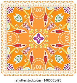 Decorative colorful ornament on white background, symmetric pattern with doodle lace frame. Tribal ethnic mandala decor. Bandana shawl, tablecloth fabric print, silk neck scarf, kerchief design