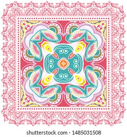 Decorative colorful ornament on white background, symmetric pattern with doodle lace frame. Tribal ethnic mandala decor. Bandana shawl, tablecloth fabric print, silk neck scarf, kerchief design