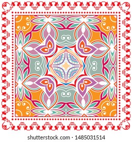 Decorative colorful ornament on white background, symmetric pattern with doodle lace frame. Tribal ethnic mandala decor. Bandana shawl, tablecloth fabric print, silk neck scarf, kerchief design