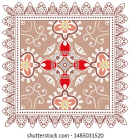 Decorative colorful ornament on white background, symmetric pattern with doodle lace frame. Tribal ethnic mandala decor. Bandana shawl, tablecloth fabric print, silk neck scarf, kerchief design