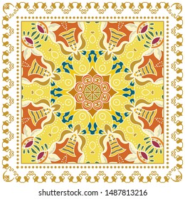 Decorative colorful ornament on white background, symmetric pattern with doodle lace frame. Tribal ethnic mandala decor. Bandana shawl, tablecloth fabric print, silk neck scarf, kerchief design