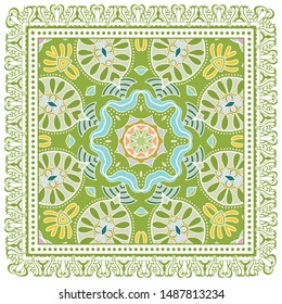 Decorative colorful ornament on white background, symmetric pattern with doodle lace frame. Tribal ethnic mandala decor. Bandana shawl, tablecloth fabric print, silk neck scarf, kerchief design