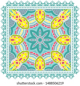 Decorative colorful ornament on white background, symmetric pattern with doodle lace frame. Tribal ethnic mandala decor. Bandana shawl, tablecloth fabric print, silk neck scarf, kerchief design