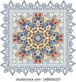 Decorative colorful ornament on white background, symmetric pattern with doodle lace frame. Tribal ethnic mandala decor. Bandana shawl, tablecloth fabric print, silk neck scarf, kerchief design