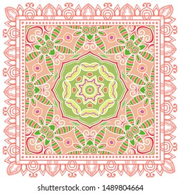 Decorative colorful ornament on white background, symmetric pattern with doodle lace frame. Tribal ethnic mandala decor. Bandana shawl, tablecloth fabric print, silk neck scarf, kerchief design