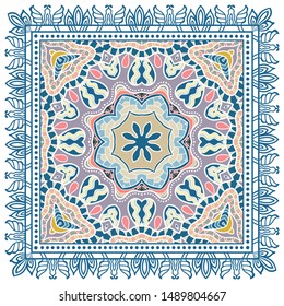 Decorative colorful ornament on white background, symmetric pattern with doodle lace frame. Tribal ethnic mandala decor. Bandana shawl, tablecloth fabric print, silk neck scarf, kerchief design