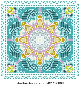 Decorative colorful ornament on white background, symmetric pattern with doodle lace frame. Tribal ethnic mandala decor. Bandana shawl, tablecloth fabric print, silk neck scarf, kerchief design