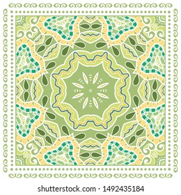 Decorative colorful ornament on white background, symmetric pattern with doodle lace frame. Tribal ethnic mandala decor. Bandana shawl, tablecloth fabric print, silk neck scarf, kerchief design
