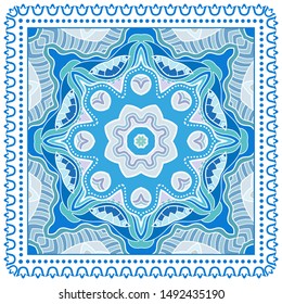 Decorative colorful ornament on white background, symmetric pattern with doodle lace frame. Tribal ethnic mandala decor. Bandana shawl, tablecloth fabric print, silk neck scarf, kerchief design