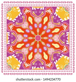 Decorative colorful ornament on white background, symmetric pattern with doodle lace frame. Tribal ethnic mandala decor. Bandana shawl, tablecloth fabric print, silk neck scarf, kerchief design