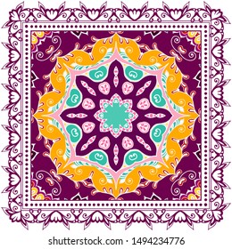 Decorative colorful ornament on white background, symmetric pattern with doodle lace frame. Tribal ethnic mandala decor. Bandana shawl, tablecloth fabric print, silk neck scarf, kerchief design