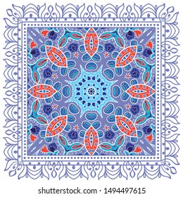 Decorative colorful ornament on white background, symmetric pattern with doodle lace frame. Tribal ethnic mandala decor. Bandana shawl, tablecloth fabric print, silk neck scarf, kerchief design