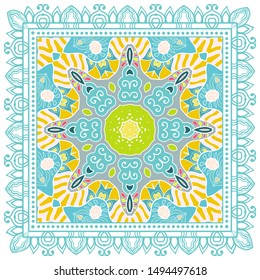 Decorative colorful ornament on white background, symmetric pattern with doodle lace frame. Tribal ethnic mandala decor. Bandana shawl, tablecloth fabric print, silk neck scarf, kerchief design