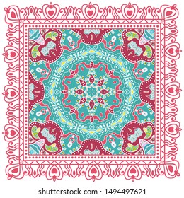Decorative colorful ornament on white background, symmetric pattern with doodle lace frame. Tribal ethnic mandala decor. Bandana shawl, tablecloth fabric print, silk neck scarf, kerchief design