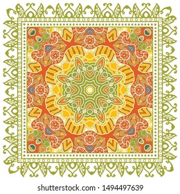 Decorative colorful ornament on white background, symmetric pattern with doodle lace frame. Tribal ethnic mandala decor. Bandana shawl, tablecloth fabric print, silk neck scarf, kerchief design