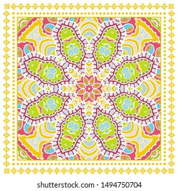 Decorative colorful ornament on white background, symmetric pattern with doodle lace frame. Tribal ethnic mandala decor. Bandana shawl, tablecloth fabric print, silk neck scarf, kerchief design