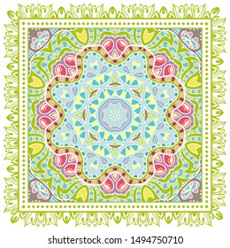 Decorative colorful ornament on white background, symmetric pattern with doodle lace frame. Tribal ethnic mandala decor. Bandana shawl, tablecloth fabric print, silk neck scarf, kerchief design