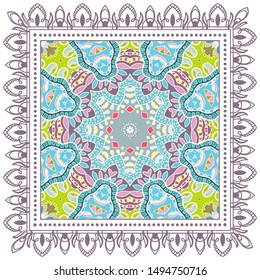 Decorative colorful ornament on white background, symmetric pattern with doodle lace frame. Tribal ethnic mandala decor. Bandana shawl, tablecloth fabric print, silk neck scarf, kerchief design