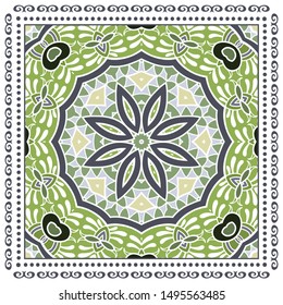 Decorative colorful ornament on white background, symmetric pattern with doodle lace frame. Tribal ethnic mandala decor. Bandana shawl, tablecloth fabric print, silk neck scarf, kerchief design