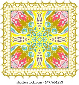 Decorative colorful ornament on white background, symmetric pattern with doodle lace frame. Tribal ethnic mandala decor. Bandana shawl, tablecloth fabric print, silk neck scarf, kerchief design