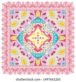 Decorative colorful ornament on white background, symmetric pattern with doodle lace frame. Tribal ethnic mandala decor. Bandana shawl, tablecloth fabric print, silk neck scarf, kerchief design
