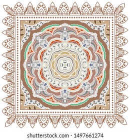 Decorative colorful ornament on white background, symmetric pattern with doodle lace frame. Tribal ethnic mandala decor. Bandana shawl, tablecloth fabric print, silk neck scarf, kerchief design